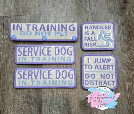 Frosted Service Dog In Training Flat Matt Lavender/Baby Blue On Sparkle White Vinyl Five-piece Patch and Leash Wrap Set