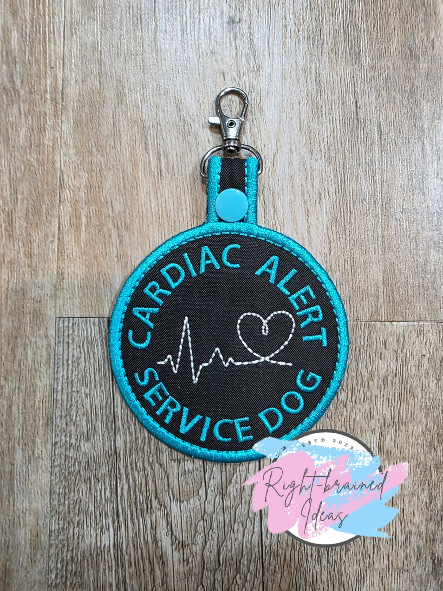 Service Dog Cardiac Alert White And Teal On Lightweight High Performance Black Twill Five-piece Patch and Patch Tab Set