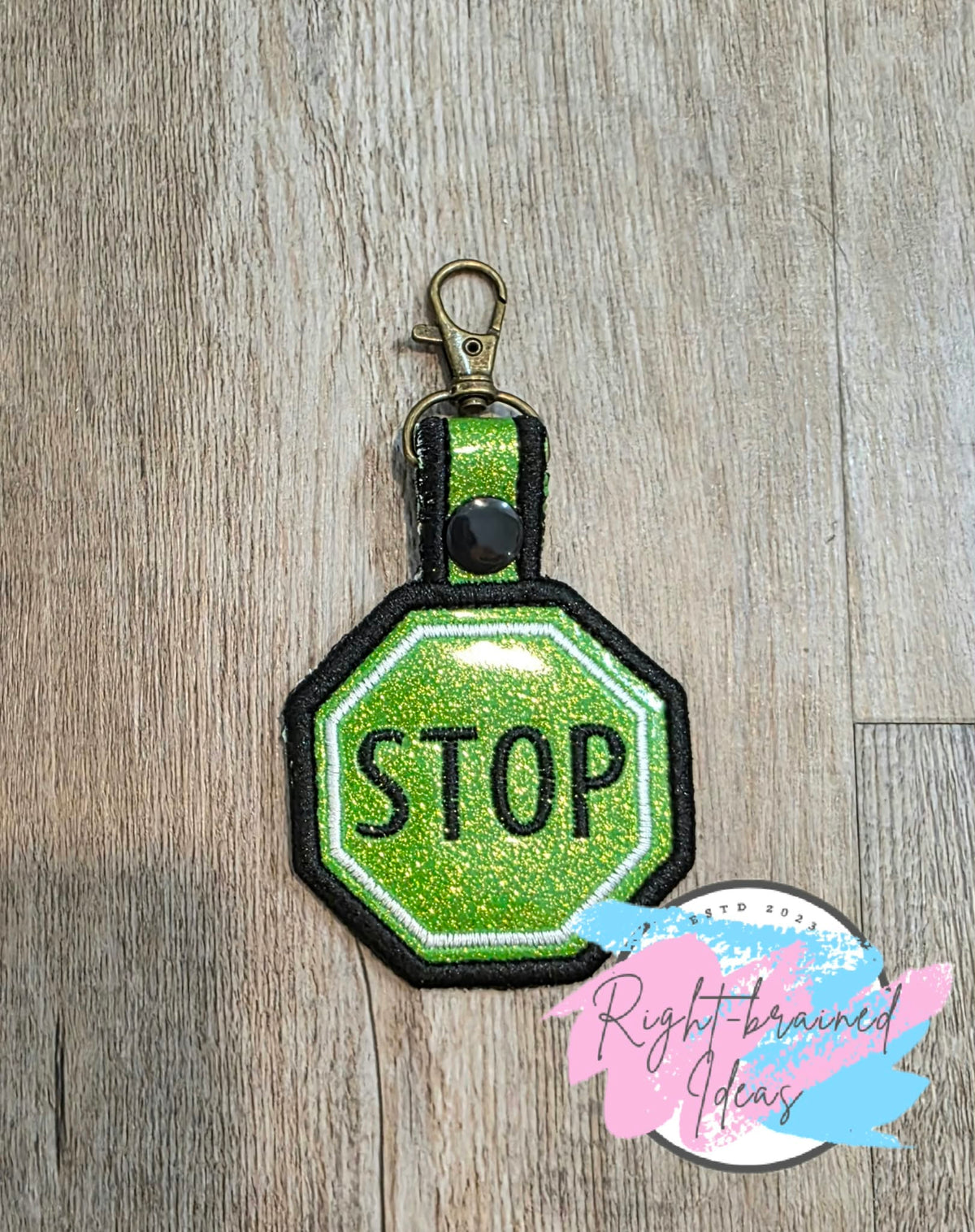 *Minor Flaw* STOP Black and White on Sparkle Lime Green Vinyl Octagonal Patch Tab