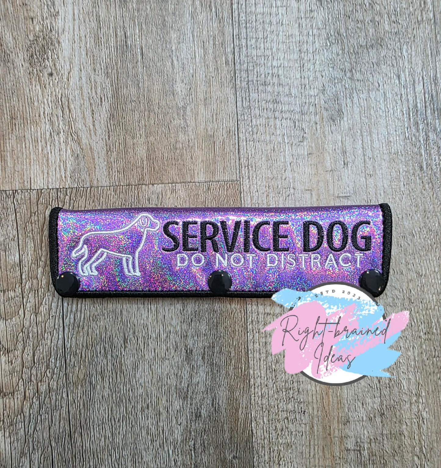 Service Dog Do Not Pet Black And White On Sparkle Purple Holographic Vinyl Five-piece Patch And Leash Wrap Set