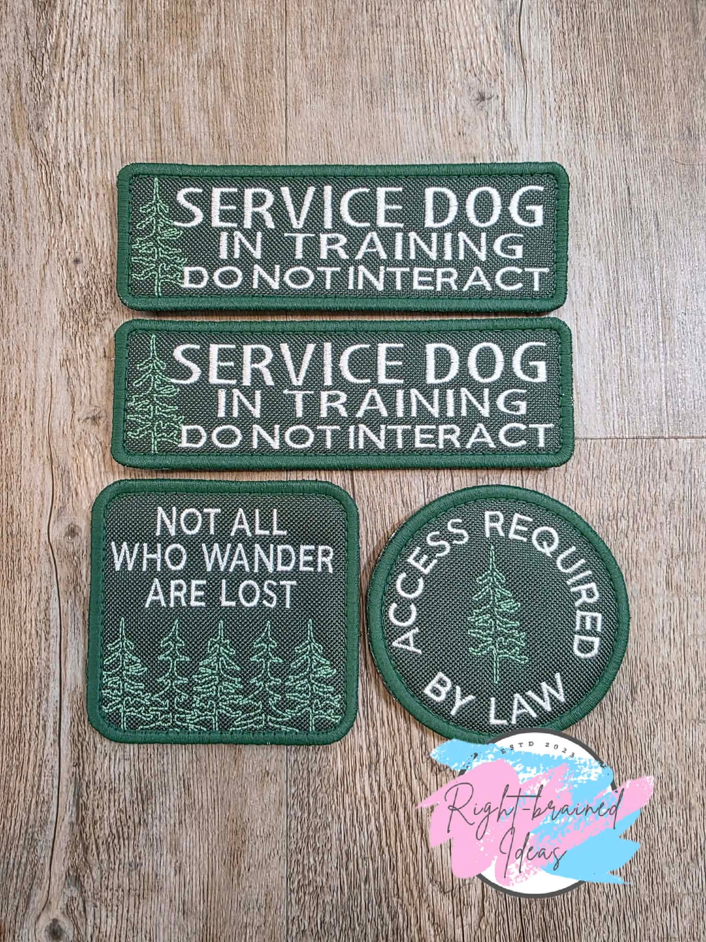 *Minor Flaw* Outdoors Inspired Service Dog In Training Forest Green, Dark Green and White On Forest Green Ottertex Canvas Four-piece Patch Set