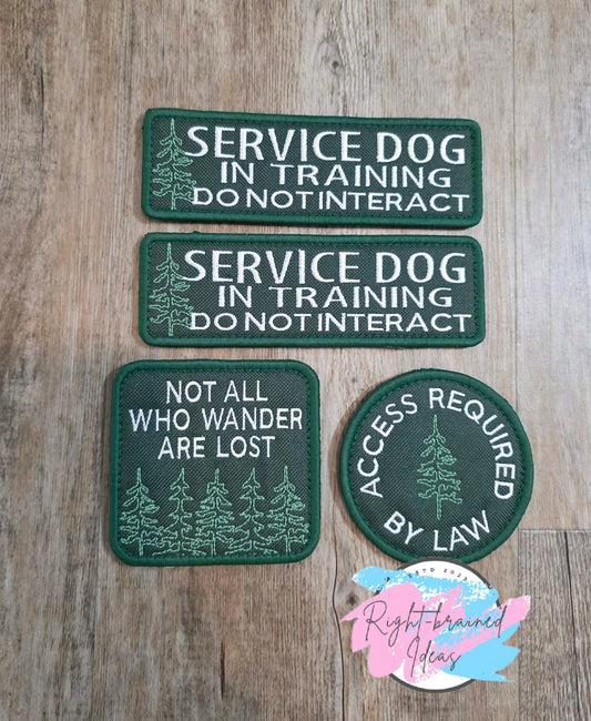 Outdoors Inspired Service Dog In Training Forest Green, Dark Green and White On Forest Green Ottertex Canvas Four-piece Patch Set