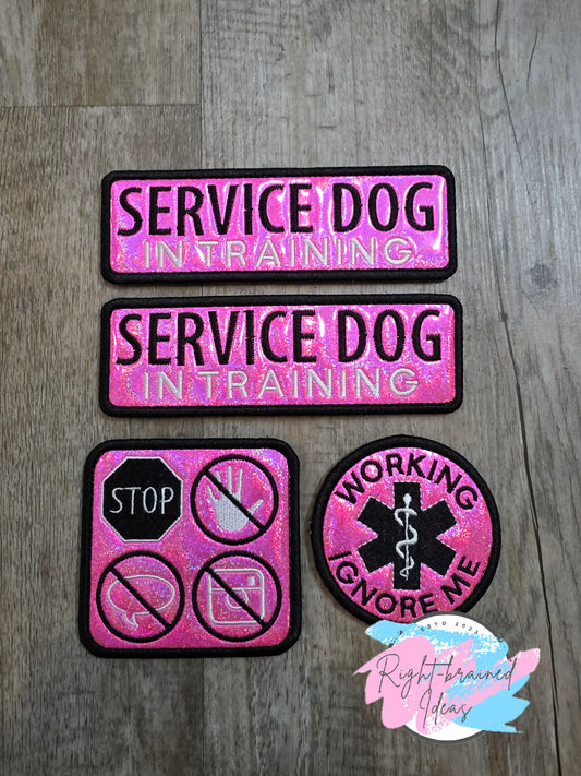 Service Dog In Training Black And White On Sparkle Pink Holographic Vinyl Four-piece Patch Set