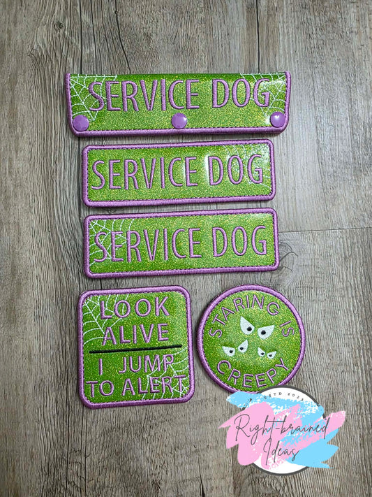 Service Dog Creepy Crawley Inspired Purple, Black and Glow-in-the-Dark White on Sparkle Lime Green Vinyl Five-piece Patch Set
