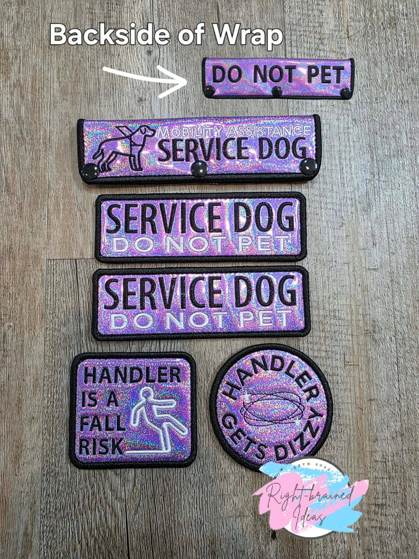 Service Dog Do Not Pet Black And White On Sparkle Purple Holographic Vinyl Five-piece Patch And Double-sided Leash Wrap Set