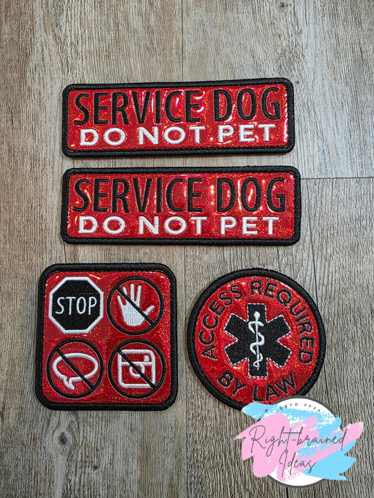 Service Dog Do Not Pet Black And White On Sparkle Red Holographic Vinyl Four-piece Patch Set