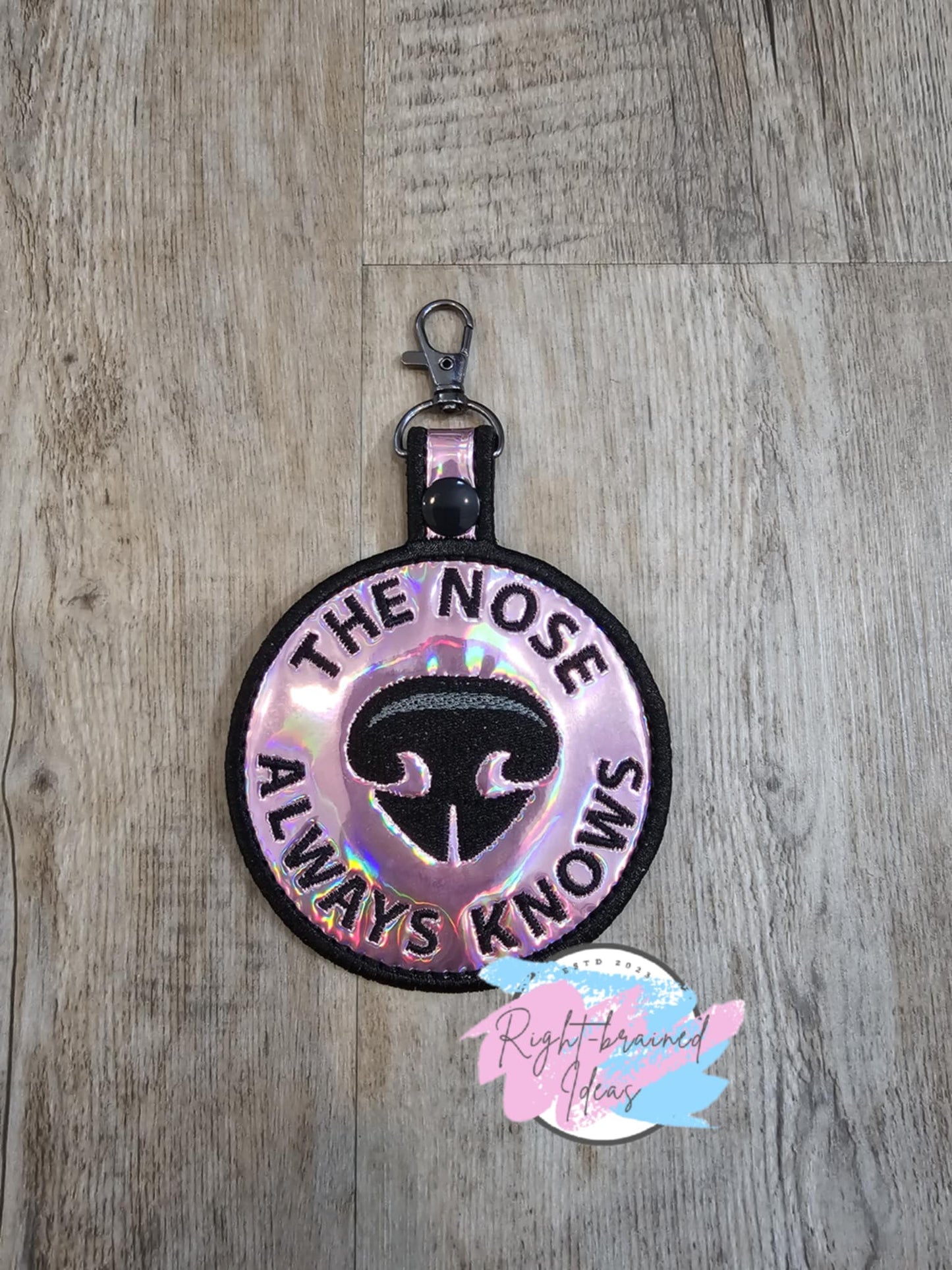 The Nose Always Knows Black on Light Pink Holographic Vinyl Patch Tab