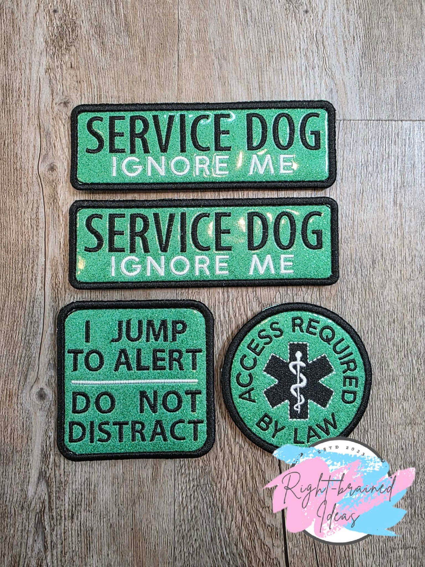 Service Dog Ignore Me White And Black On Sparkle Moss Green Vinyl Four-piece Patch Set