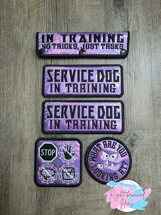 Creepy Crawley Inspired Service Dog In Training Glow-In-The-Dark White And Black On Sparkle Purple Holographic Vinyl Five-piece Oversized Patch And Leash Wrap Set
