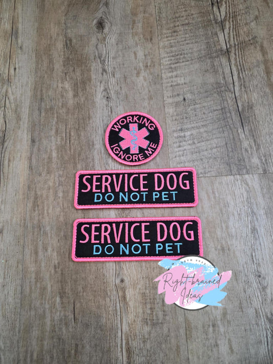 Service Dog Do Not Pet Neon Pink and Sky Blue on Black Twill Three-piece Patch Set