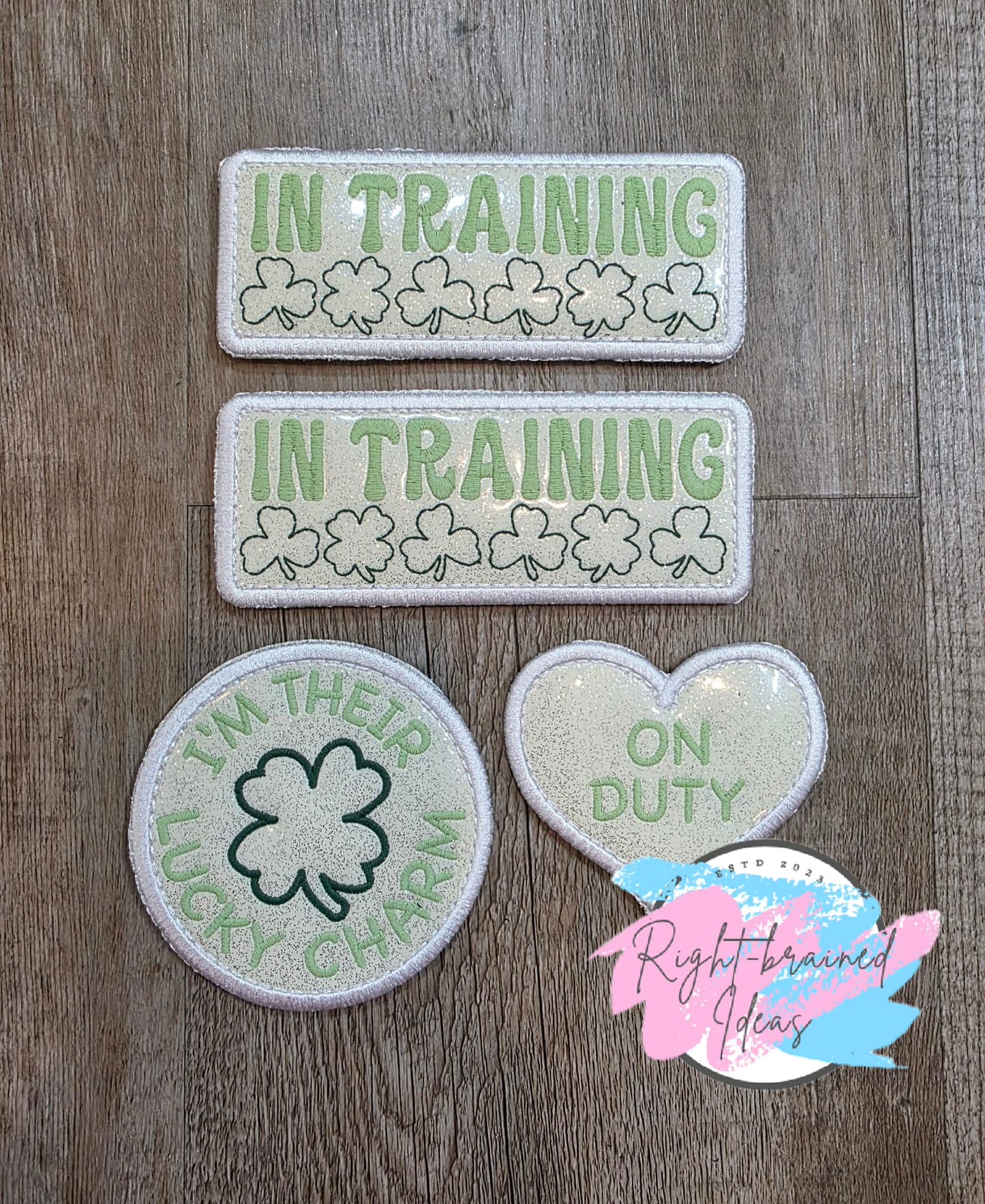 Fun Size Shamrock Inspired Flat Matt Mint, Flat Matt Forest Green And White On Sparkle White Vinyl Four-piece Patch Set