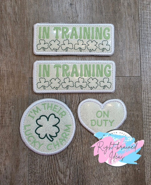 Fun Size Shamrock Inspired Flat Matt Mint, Flat Matt Forest Green And White On Sparkle White Vinyl Four-piece Patch Set