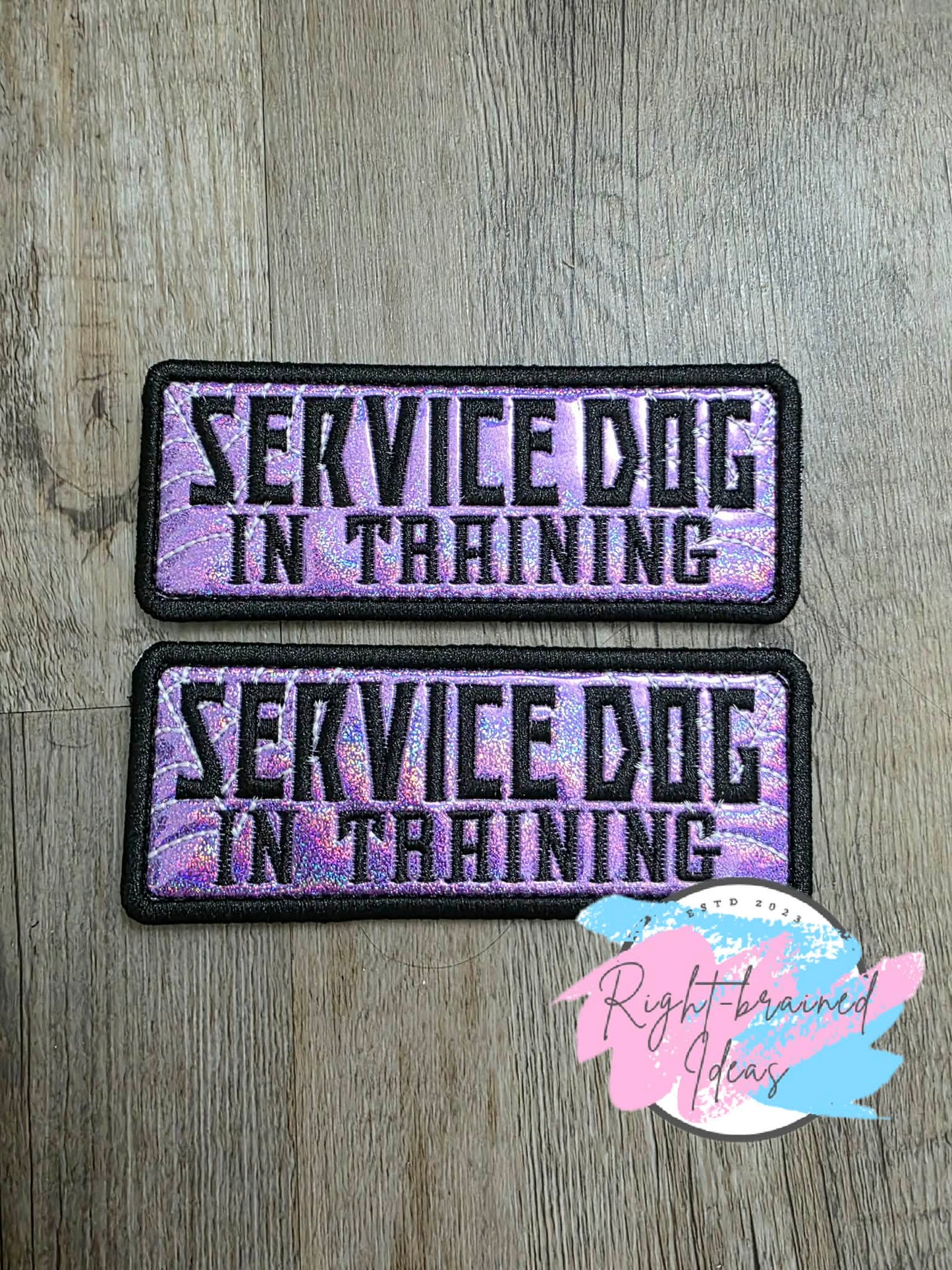 Fun Sized Creepy Crawley Inspired Service Dog In Training Glow-In-The-Dark White And Black On Sparkle Purple Holographic Vinyl Four-piece Patch Set