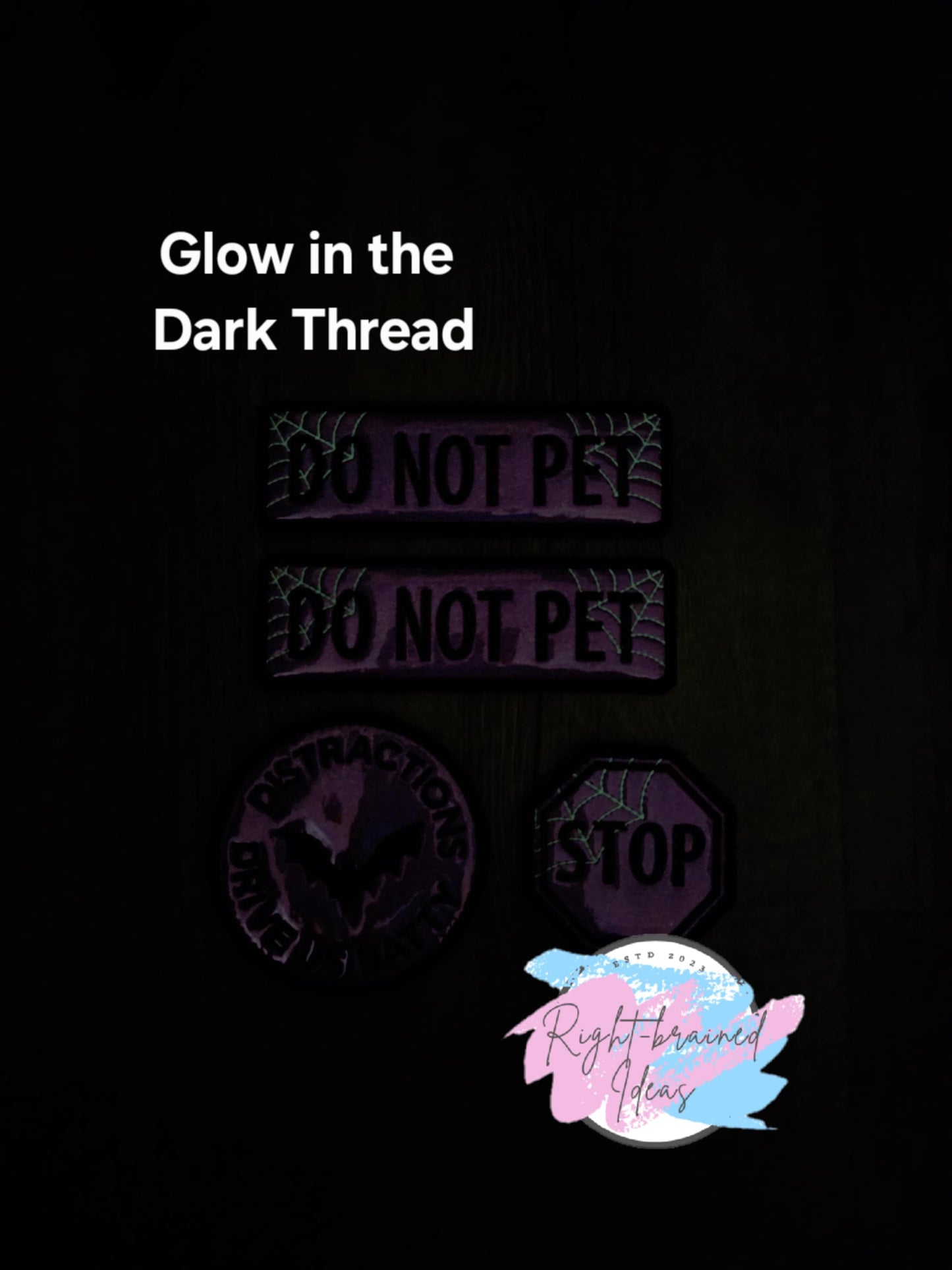 Do Not Pet Creepy Crawley Inspired Black and Glow-in-the-Dark White on Sparkle Purple Holographic Vinyl Four-piece Patch Set