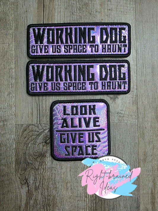 Spooky Season Inspired Working Dog Black And Glow-In-The-Dark White On Sparkle Purple Holographic Vinyl Three-piece Patch Set
