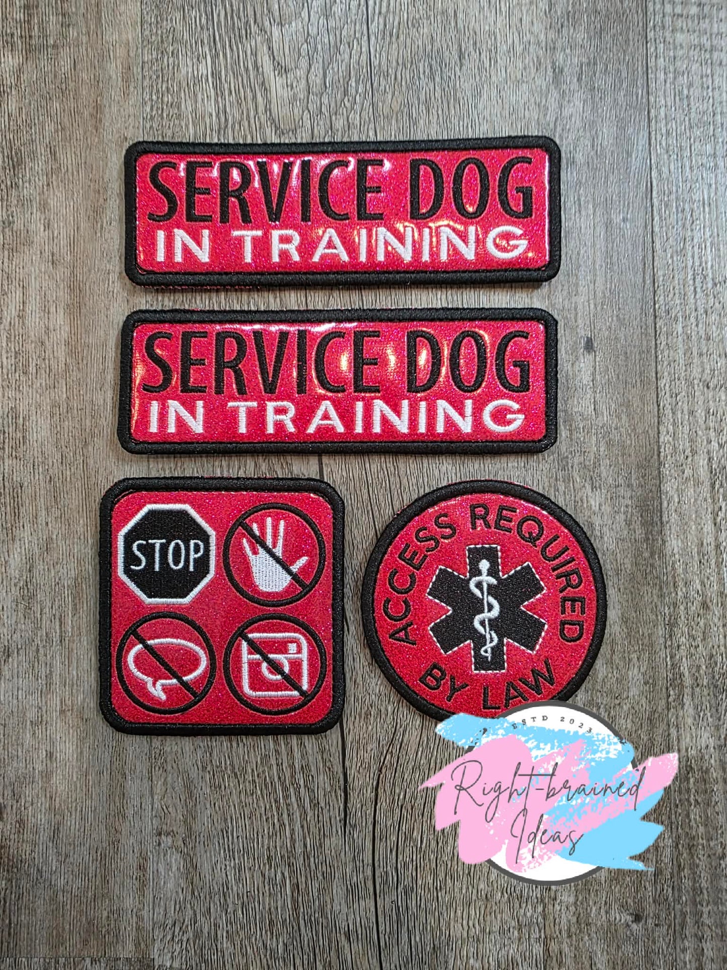 Service Dog In Training White And Black On Sparkle Red Vinyl Four-piece Patch Set