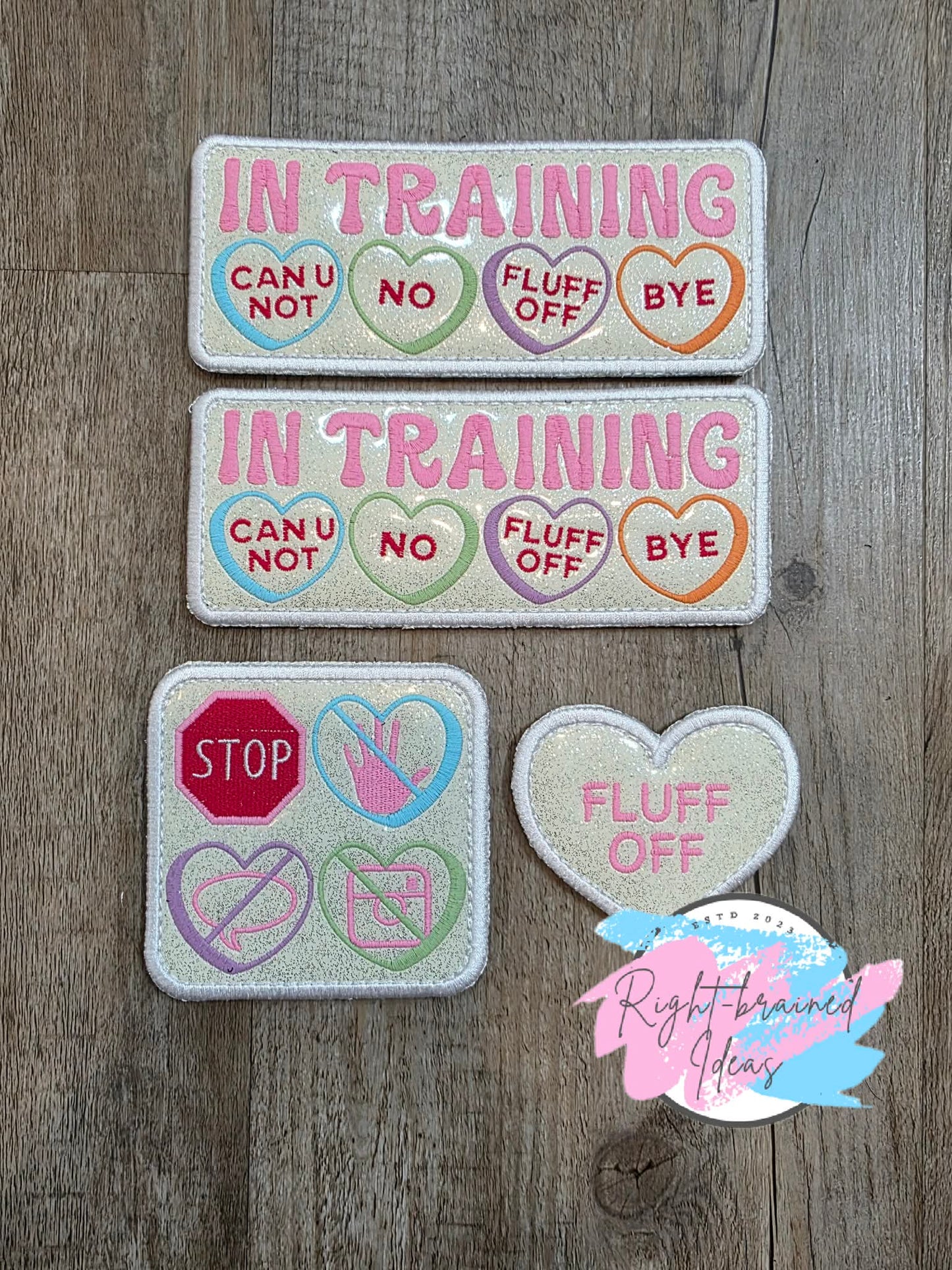 Frosted And Sassy Conversation Heart Inspired In Training Multi-colored On Sparkle White Vinyl Four-piece Oversized Patch Set