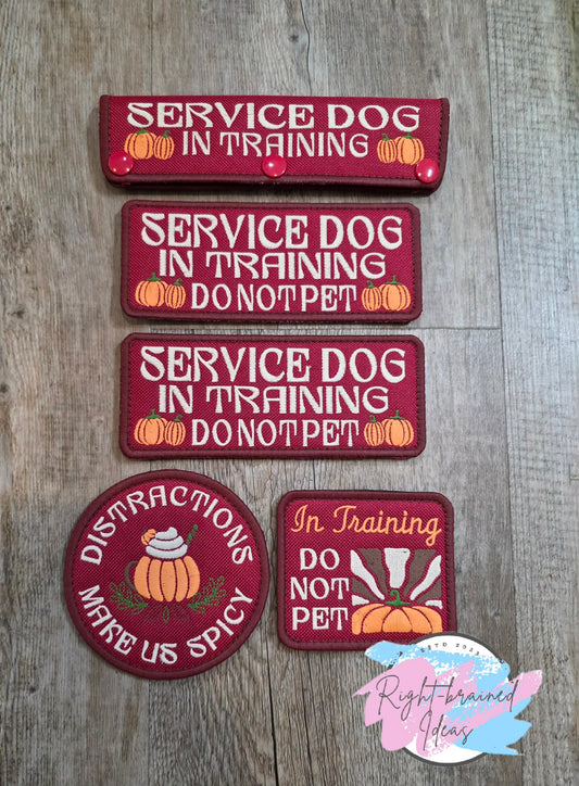 Autumn Inspired Over Size Service Dog Distractions Make Us Spicy Fall Matt Palette Of Colors On Maroon Ottertex Canvas Five-piece Patch and Leash Wrap Set