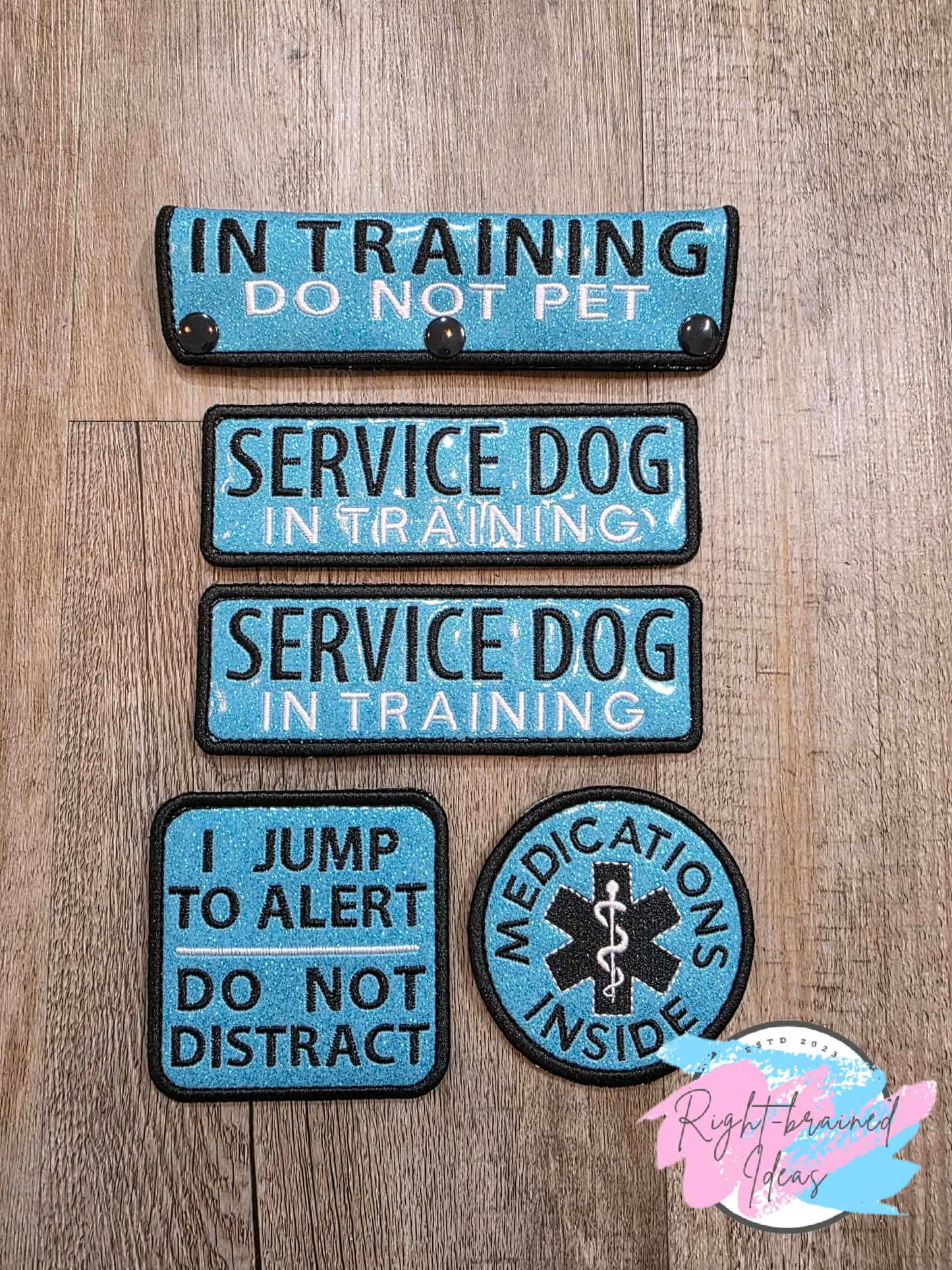 In Training Do Not Pet Black And White On Sparkle Light Blue Vinyl Five-piece Patch And Leash Wrap