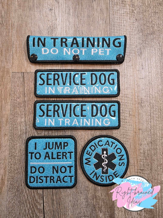 In Training Do Not Pet Black And White On Sparkle Light Blue Vinyl Five-piece Patch And Leash Wrap