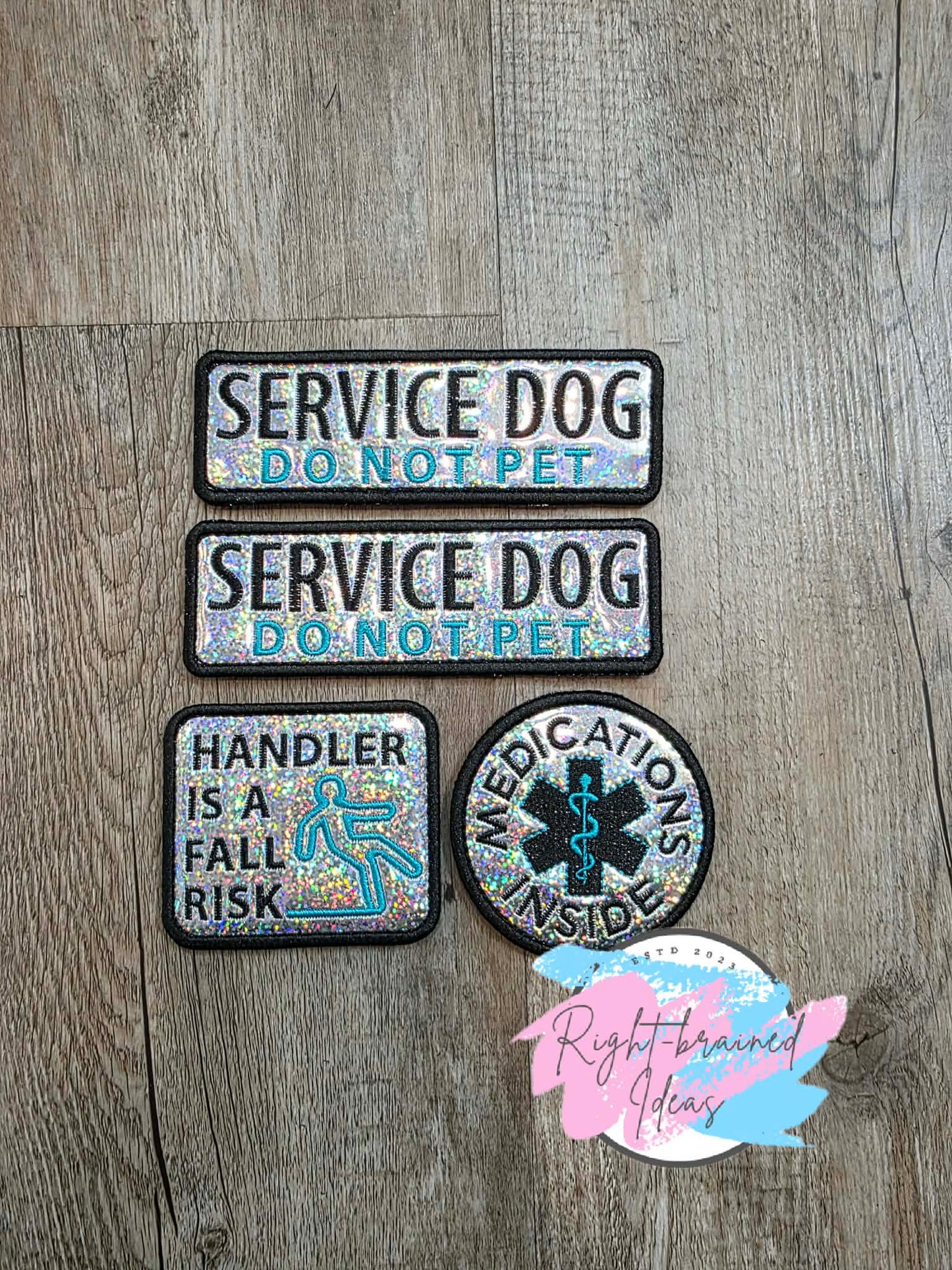 Service Dog Handler Is A Fall Risk Teal And Black On Sparkle Silver Holographic Vinyl Four-piece Patch Set