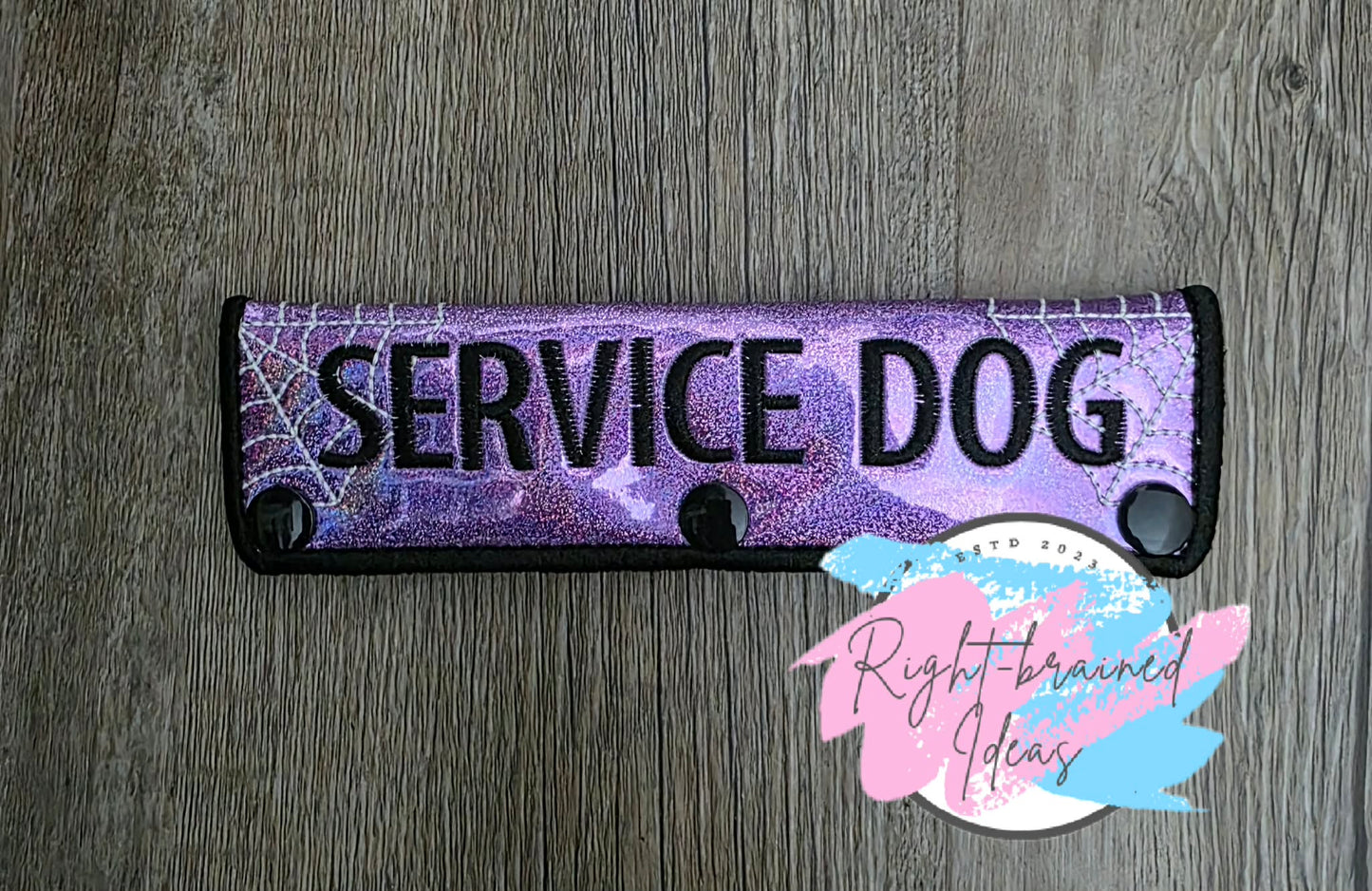 Creepy Crawly Inspired Service Dog Glow-In-The-Dark White And Black On Sparkle Purple Holographic Vinyl Leash Wrap