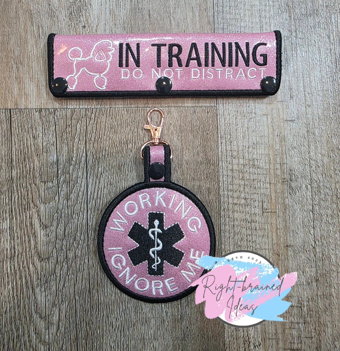 In Training Do Not Distract Black And White On Sparkle Light Pink Vinyl Two-piece Patch Tab And Leash Wrap Set