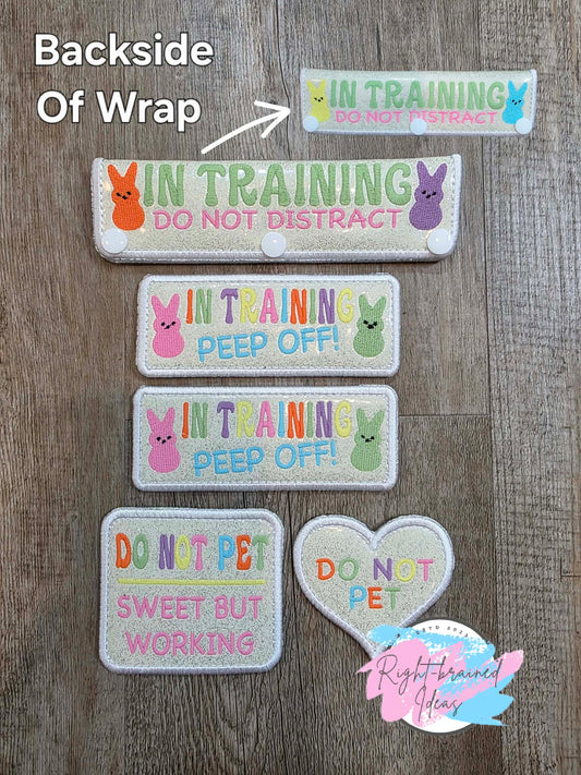Fun Size Easter Bunny Marshmallow Inspired In Training Peep Off Multi-colored On Sparkle White Vinyl Five-piece Patch And Leash Wrap Set