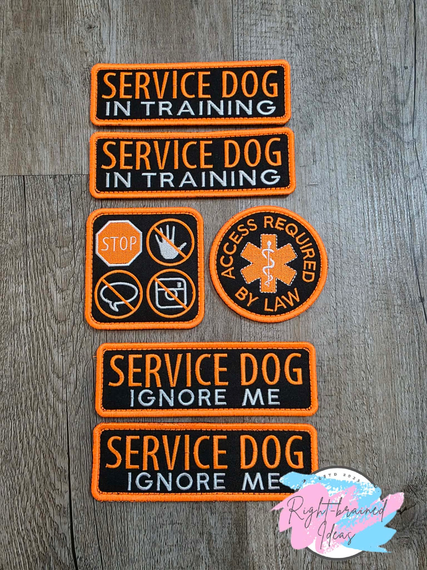 Grow-With-Them-Set Service Dog Ignore Me Neon Orange And White On Lightweight High Performance Black Twill Six-piece Patch Set