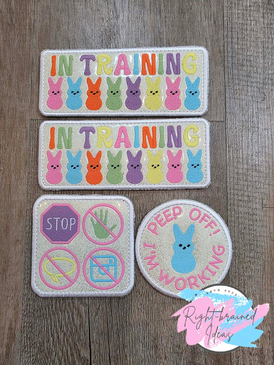 Easter Bunny Marshmallow Inspired In Training Peep Off Flat Matt Multi-colored On Sparkle White Vinyl Four-piece Oversized Patch Set
