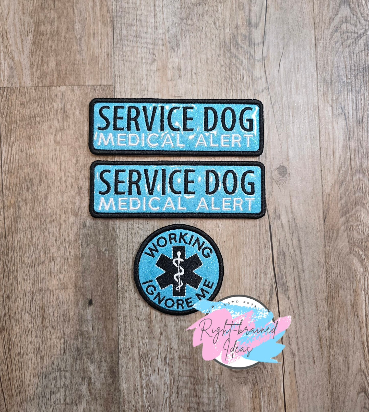 Service Dog Medical Alert Black And White On Sparkle Light Blue Vinyl Three-piece Patch Set