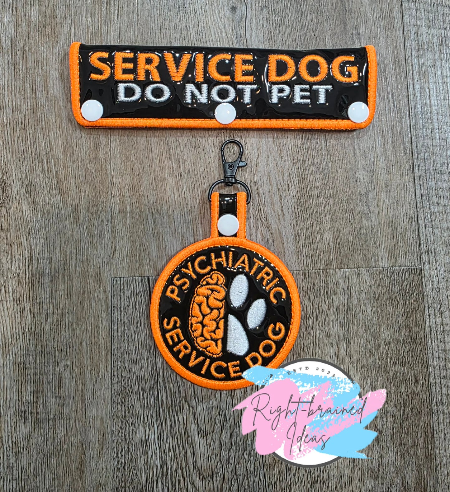 Service Dog Do Not Pet Neon Orange And White On Shiny Black Vinyl Two-piece Patch Tab And Leash Wrap Set
