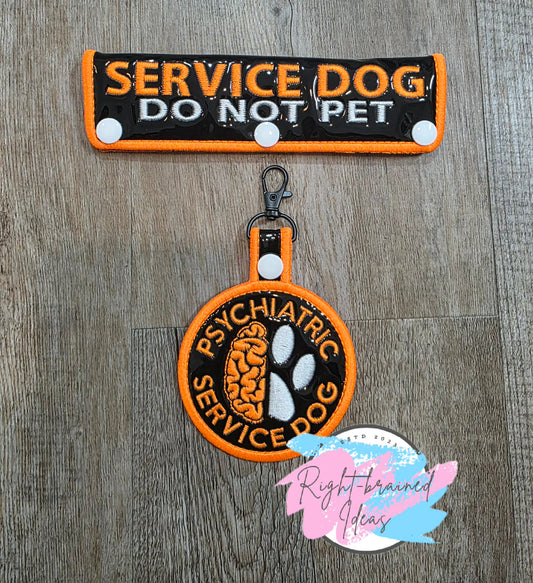 Service Dog Do Not Pet Neon Orange And White On Shiny Black Vinyl Two-piece Patch Tab And Leash Wrap Set
