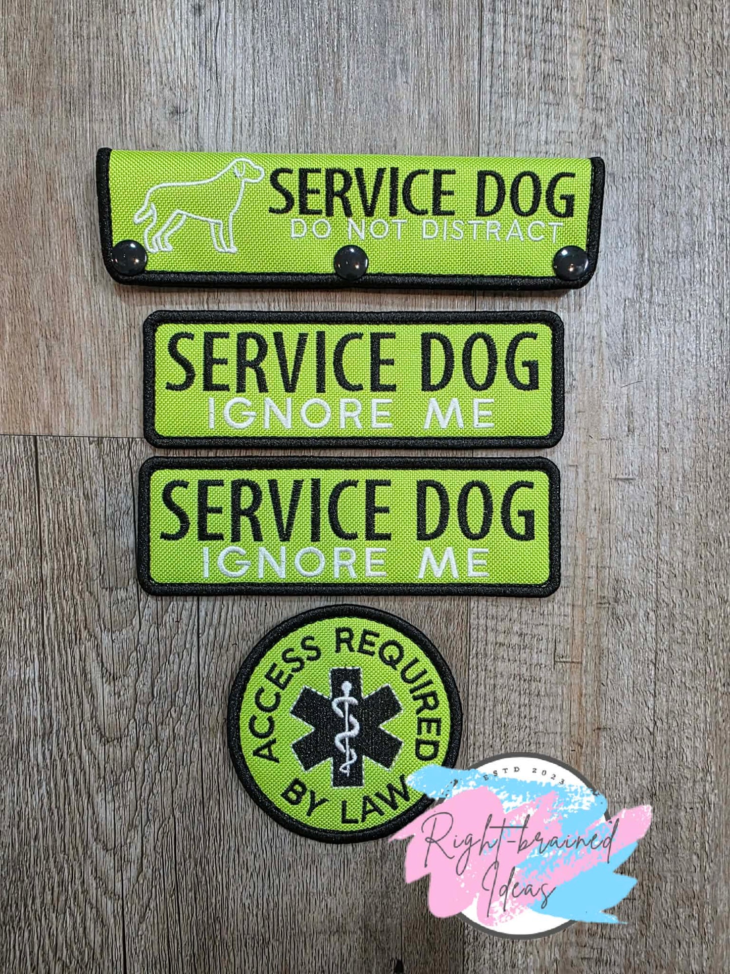 Service Dog Ignore Me Black And White On Lime Green Ottertex Canvas Four-piece Patch and Leash Wrap Set