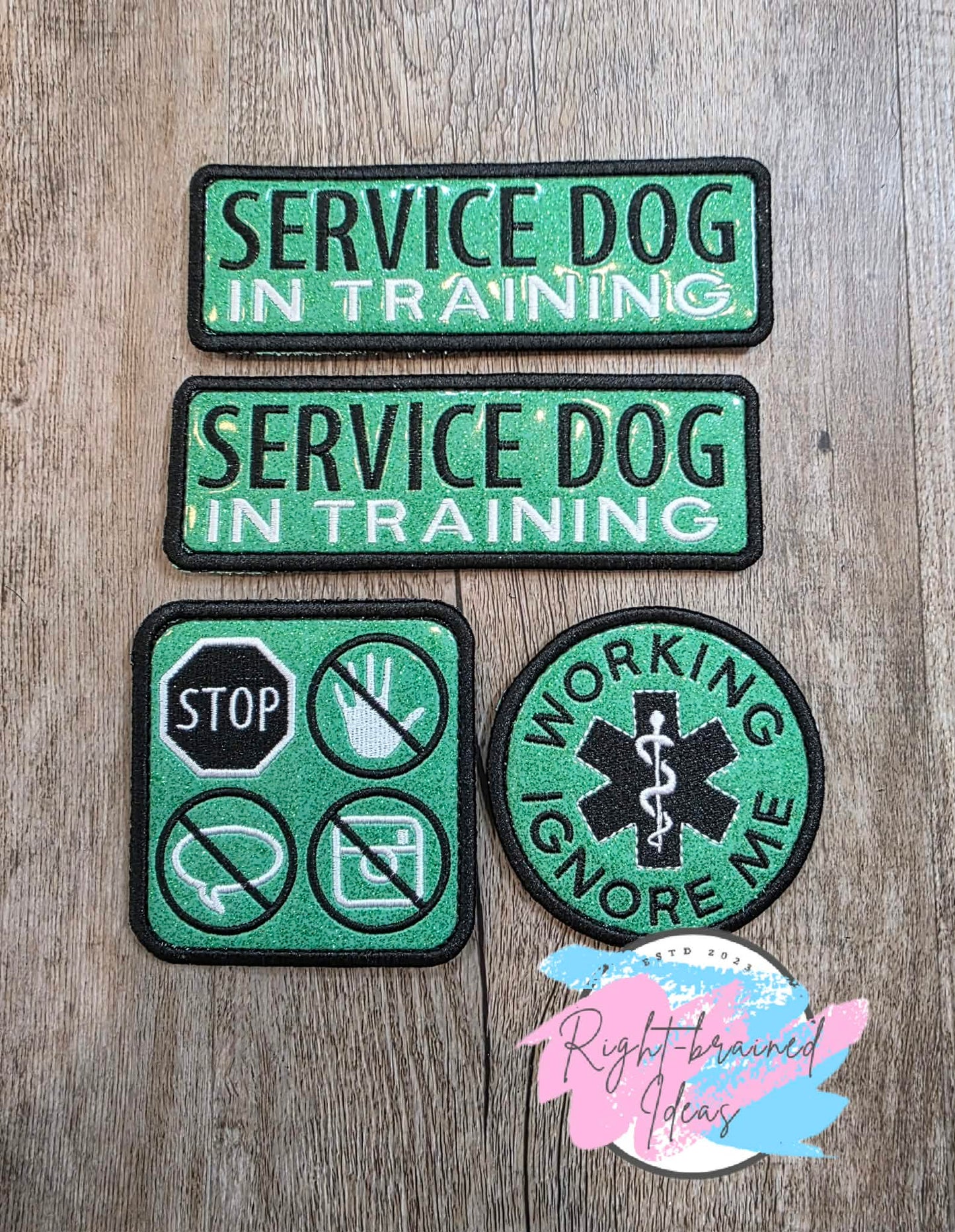 Service Dog In Training White And Black On Sparkle Moss Green Vinyl Four-piece Patch Set