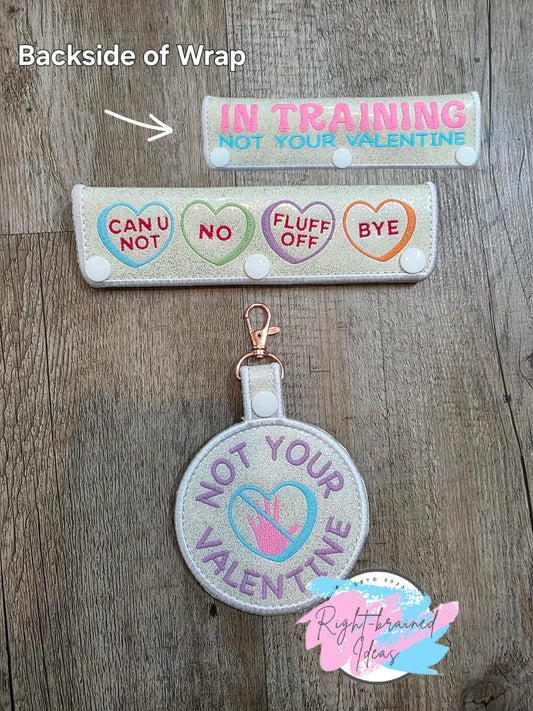 Sassy Conversation Heart Inspired In Training Multi-colored On Sparkle White Vinyl Two-piece Patch Tab And Leash Wrap Set
