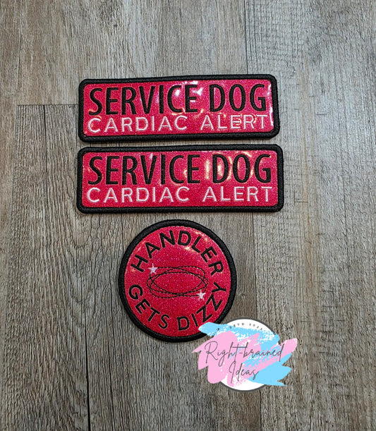 Service Dog Cardiac Alert Black And Light Pink On Sparkle Red Vinyl Three-piece Patch Set