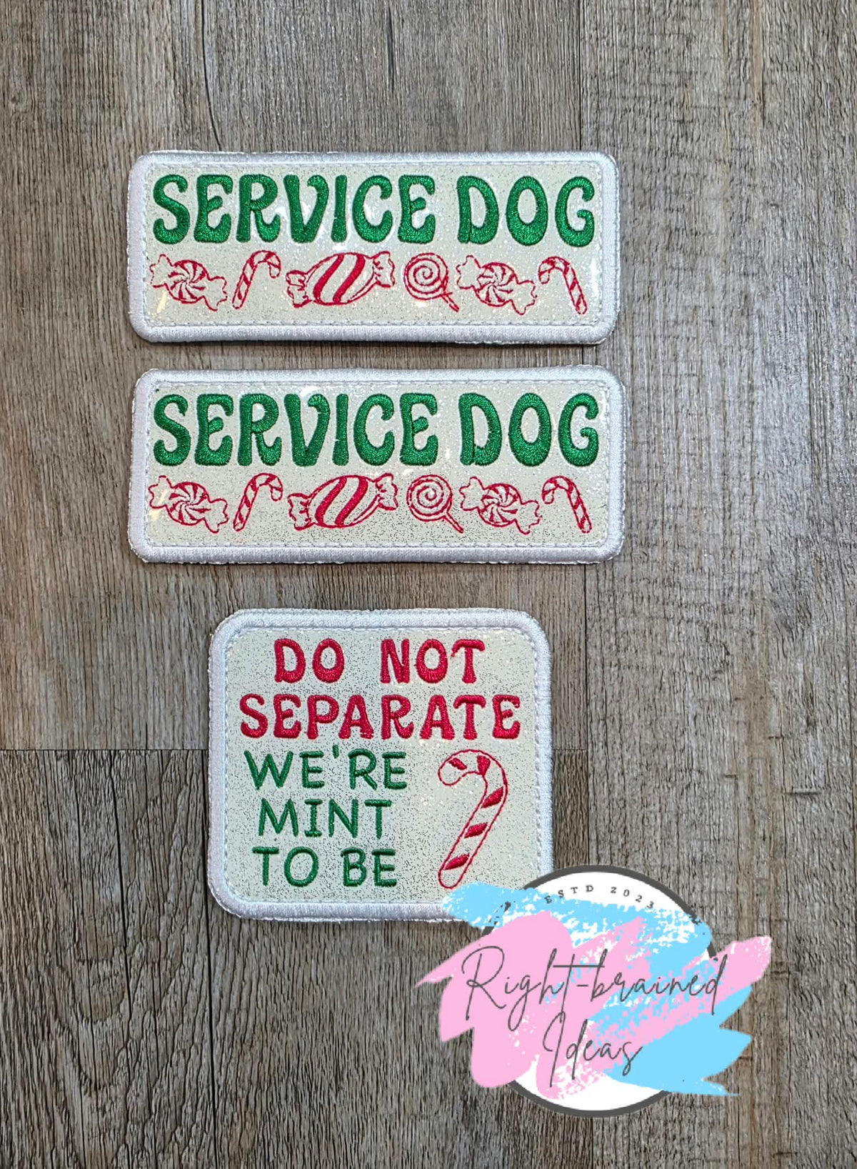 Peppermint Inspired Fun Size Service Dog Red And Green On Sparkle White Vinyl Three-piece Patch Set