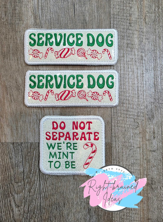 Peppermint Inspired Fun Size Service Dog Red And Green On Sparkle White Vinyl Three-piece Patch Set