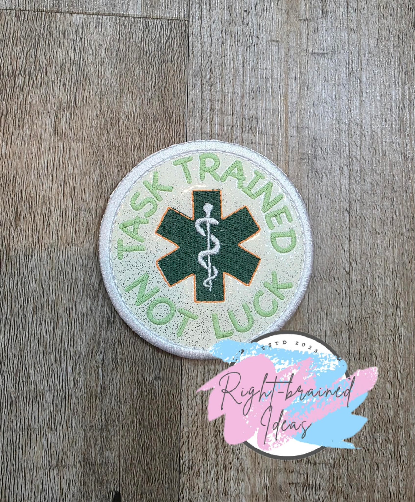 Oversize Shamrock Inspired Service Dog Task Trained Not Luck Flat Matt Mint Green, Flat Matt Forest Green, Flat Matt Orange And White On Sparkle White Vinyl Four-piece Patch Set With Oversized Patches