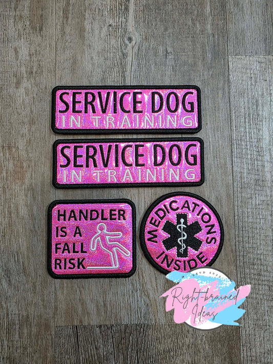 Service Dog In Training Black And White On Sparkle Pink Holographic Vinyl Four-piece Patch Set