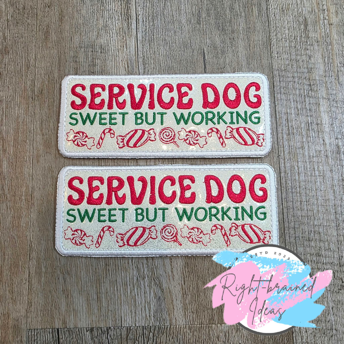 Peppermint Inspired Oversized Service Dog Red And Green On Sparkle White Vinyl Five-piece Patch And Leash Wrap Set