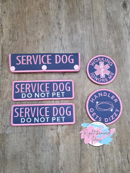 Service Dog Do Not Pet Pink On Dusty Navy Blue Canvas Five-piece Patch and Leash Wrap Set