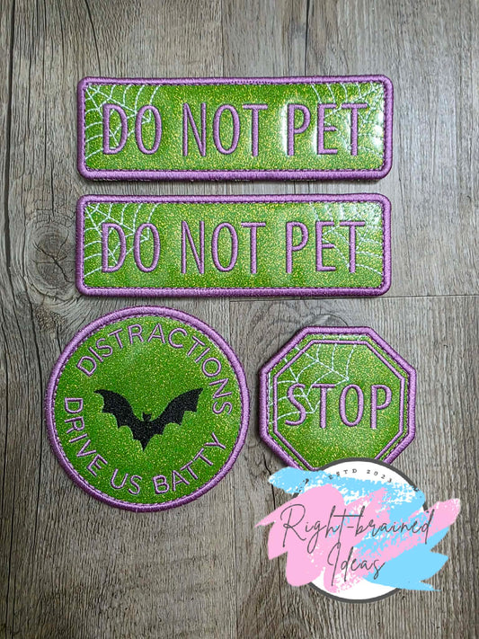 Do Not Pet Creepy Crawley Inspired Purple, Black and Glow-in-the-Dark White on Sparkle Lime Green Vinyl Four-piece Patch Set
