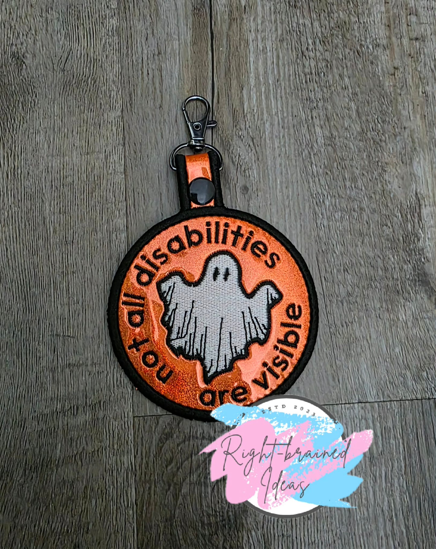 Spooky Season Inspired Not All Disabilities Are Visible White And Black On Sparkle Neon Orange Holographic Vinyl Patch Tab