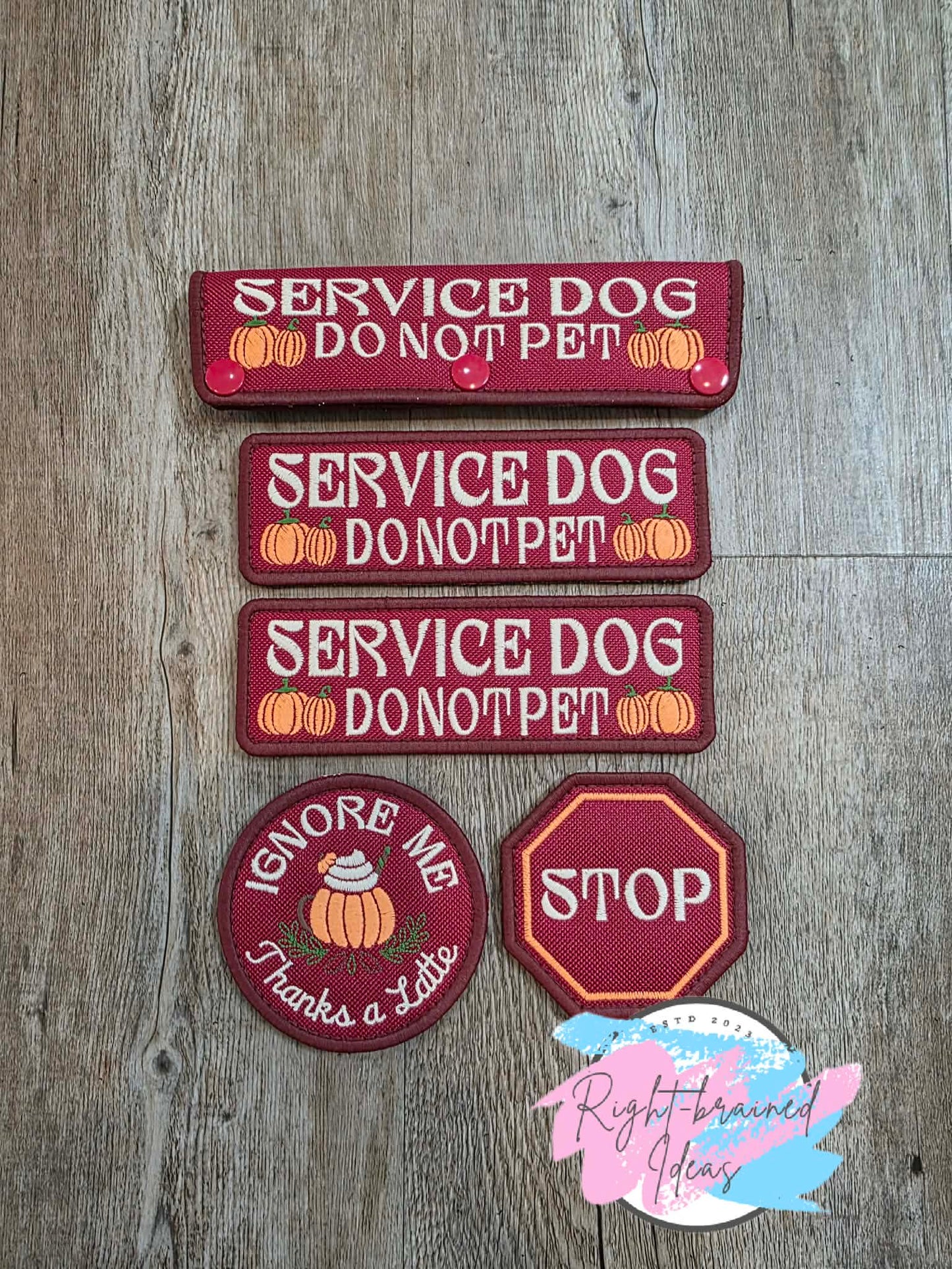 Autumn Inspired Service Dog Thanks A Latte Fall Matt Palette Of Colors On Maroon Ottertex Canvas Five-piece Patch and Leash Wrap Set
