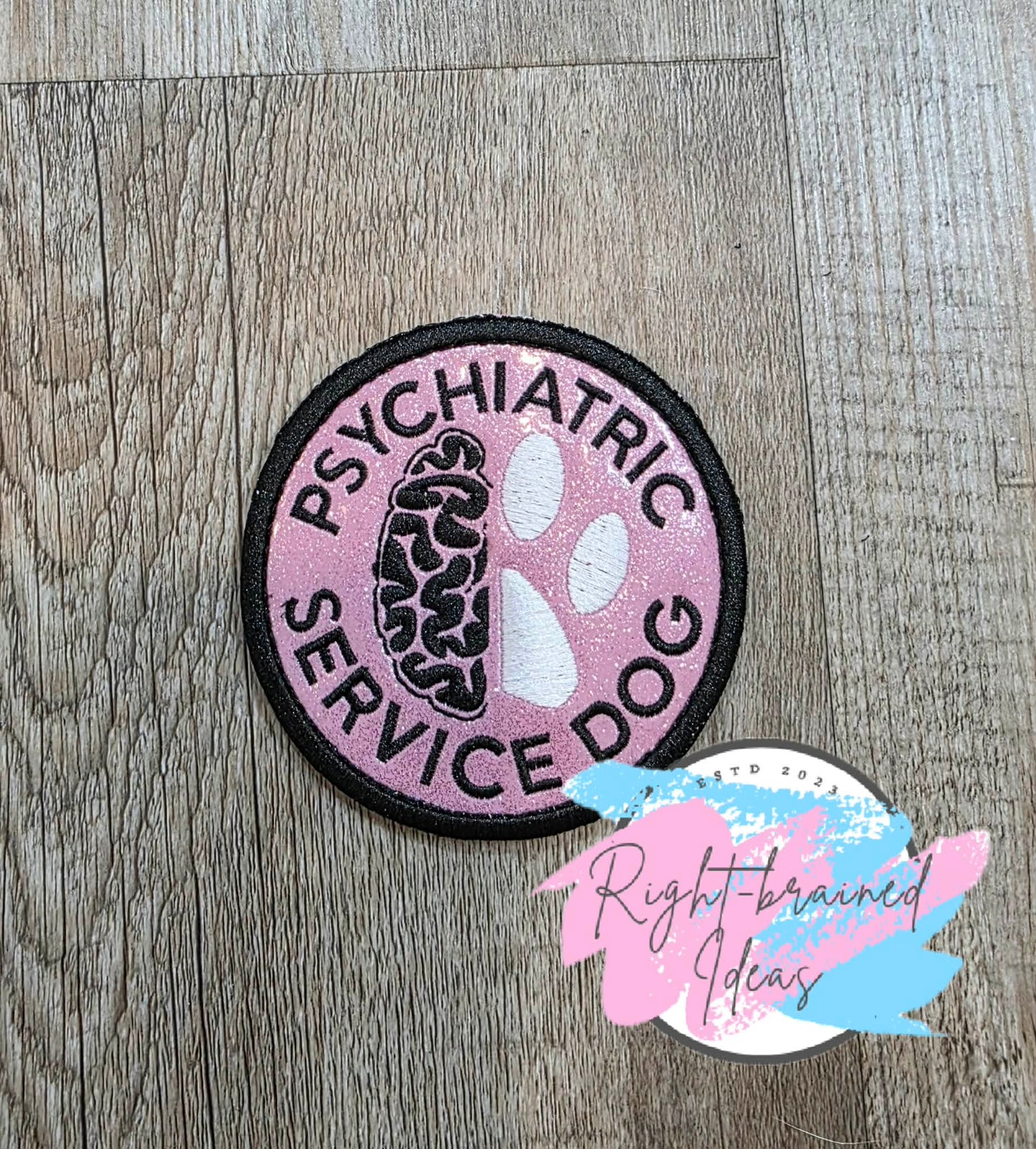 Psychiatric Service Dog Black And White On Sparkle Light Pink Vinyl Three-piece Patch Set
