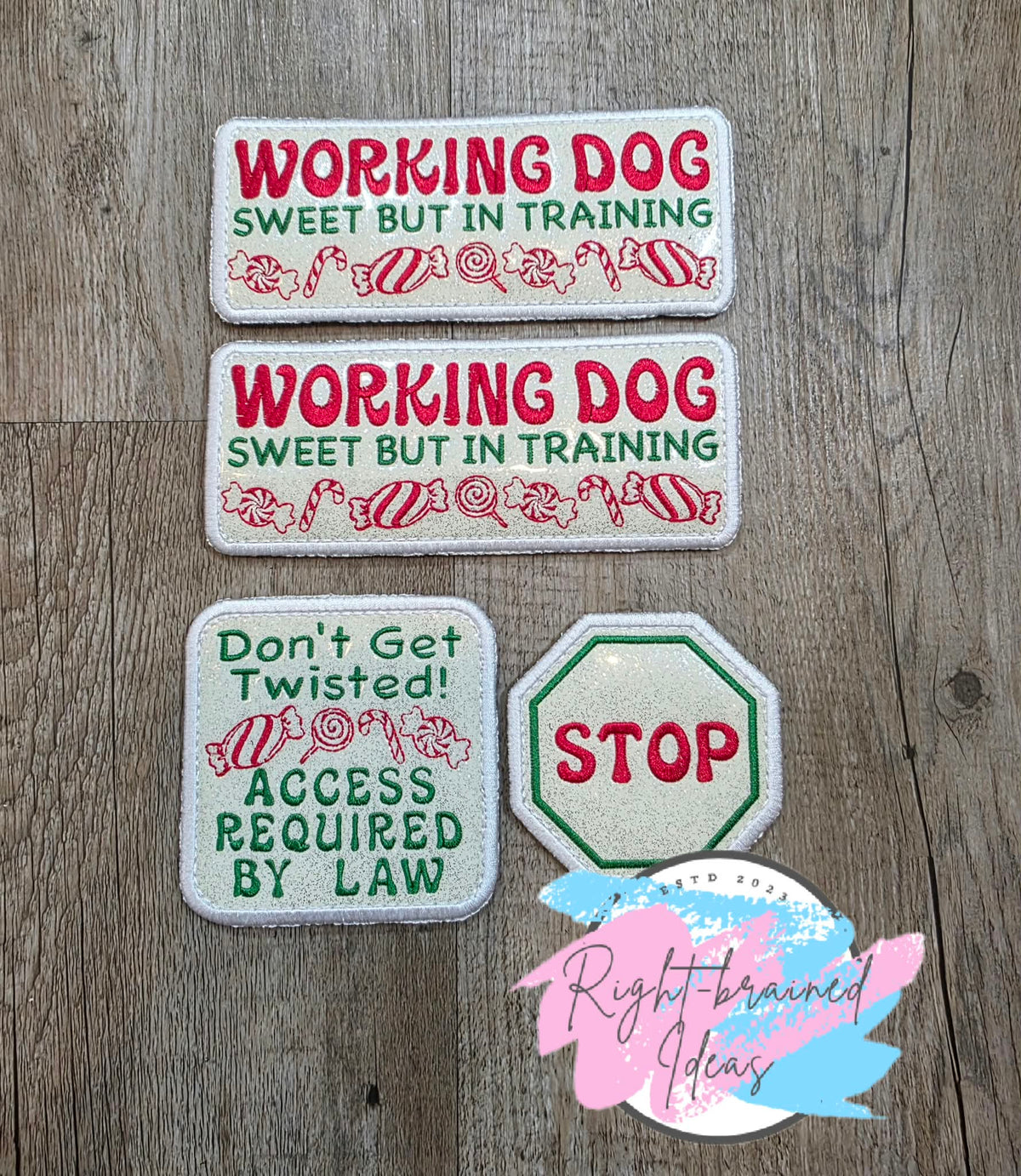 Peppermint Inspired Oversized Working Dog Red And Green On Sparkle White Vinyl Four-piece Patch Set