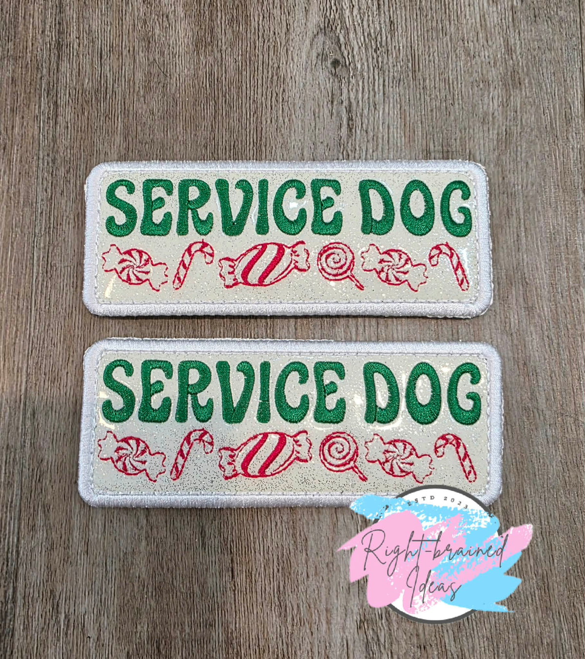 Peppermint Inspired Fun Size Service Dog Red And Green On Sparkle White Vinyl Five-piece Patch And Leash Wrap Set