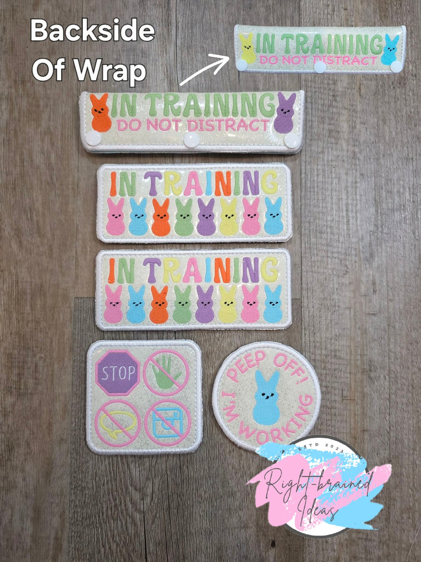 Easter Bunny Marshmallow In Training Do Not Distract On Sparkle White Vinyl Five-piece Oversized Patch And Leash Wrap Set